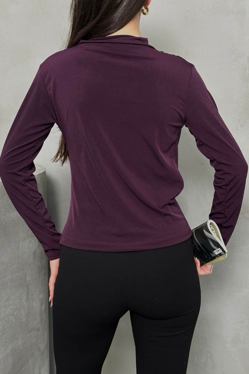 Kadın Bluz Drapeli Uzun Kollu Sandy Kumaş Yüksek Yakalı Likralı Bluz