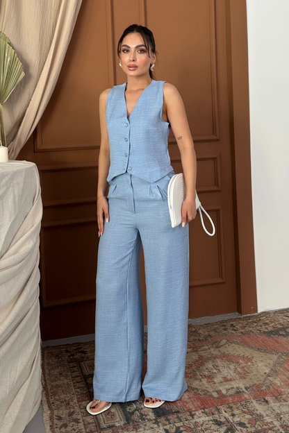 Kadın Alt Üst Takım Keten Düğmeli V Yaka Yelek Bol Paça Pantolon Takım