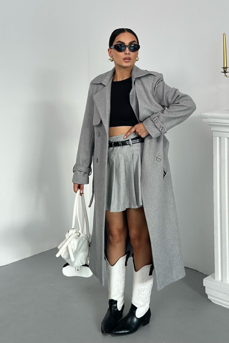 Kadın Kaban Uzun Kaşe  Kuşaklı Düğmeli Cepli Kruvaze Premium Kaban