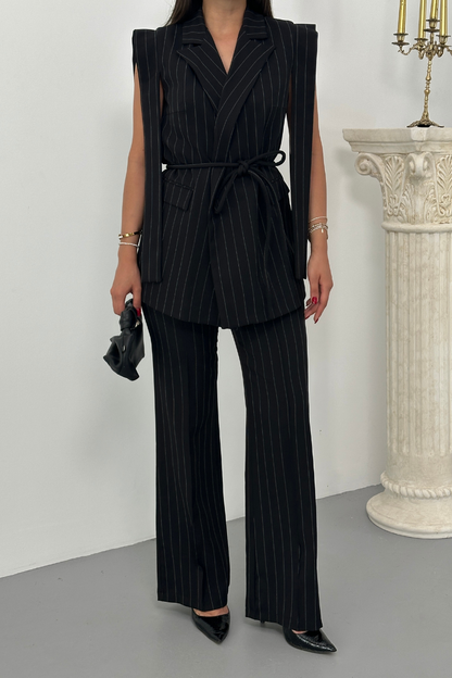 Kadın Alt Üst İkili Takım Çizgili Omuz Detaylı Kuşaklı Yelek Pantolon Takım