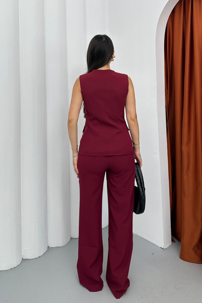 Kadın İkili Alt Üst Takım Şık Düğme Detaylı Kare Yaka Yelek Pantolon Takım