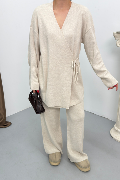 Kadın İkili Alt Üst Takım Triko Yandan Bağcıklı Kruvaze Hırka Bol Paça Pantolon Örme Takım