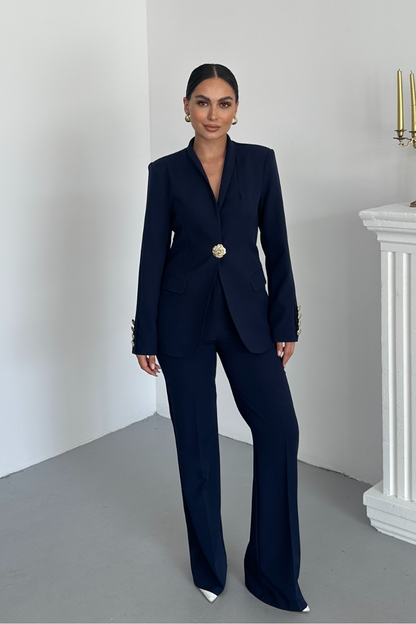 Kadın İkili Takım Şık Düğme Detaylı Dik Yaka Blazer Ceket Bol Paça Pantolon Takım