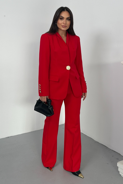 Kadın İkili Takım Şık Düğme Detaylı Dik Yaka Blazer Ceket Bol Paça Pantolon Takım
