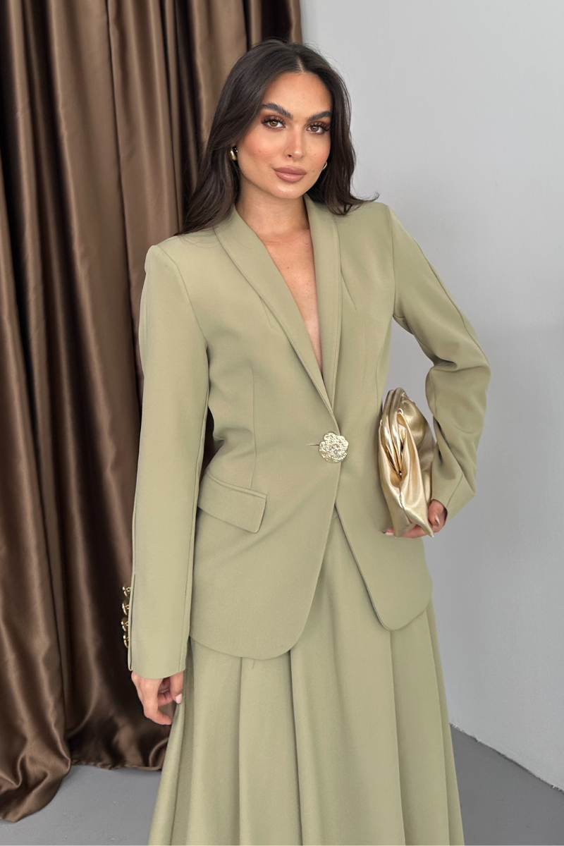 Kadın İkili Takım Şık Düğme Detaylı Dik Yaka Blazer Ceket Uzun Etek Takım