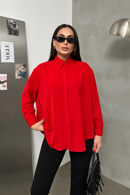 Kadın Oversize Gömlek Uzun Kollu Düşük Omuz Dökümlü Gömlek Kırmızı Standart