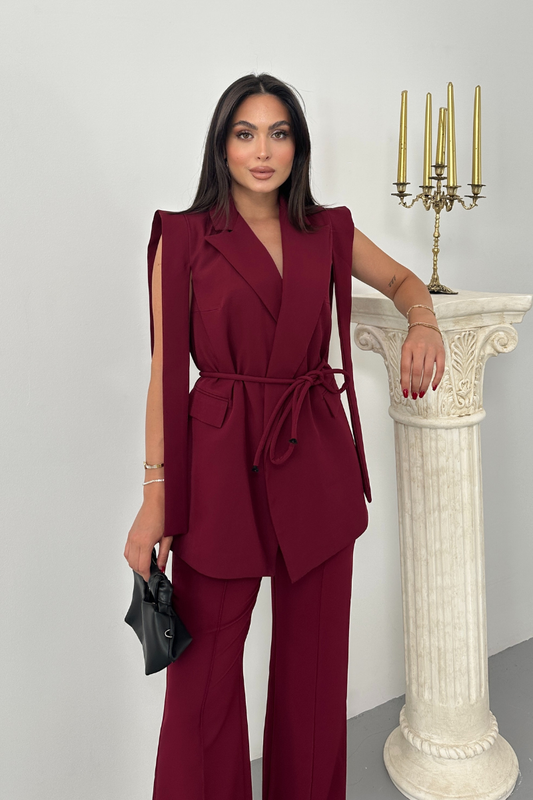 Kadın Alt Üst İkili Takım Omuz Detaylı Kuşaklı Yelek Pantolon Takım
