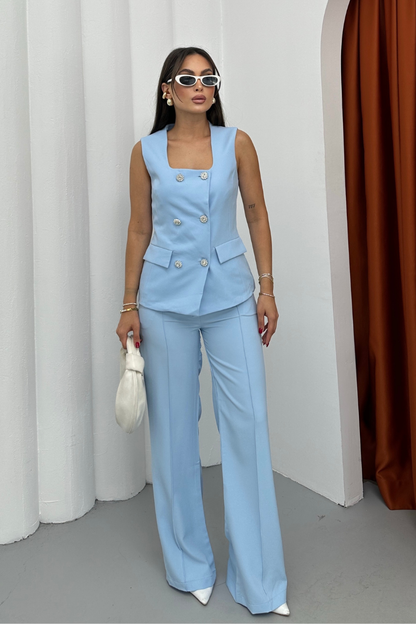Kadın İkili Alt Üst Takım Şık Düğme Detaylı Kare Yaka Yelek Pantolon Takım