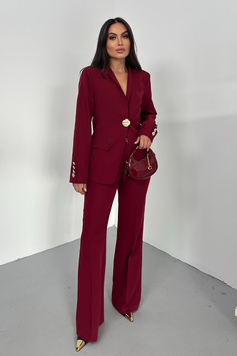 Kadın İkili Takım Şık Düğme Detaylı Dik Yaka Blazer Ceket Bol Paça Pantolon Takım