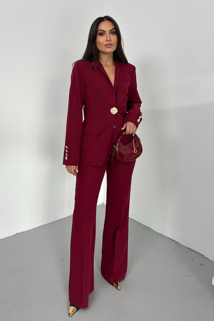 Kadın İkili Takım Şık Düğme Detaylı Dik Yaka Blazer Ceket Bol Paça Pantolon Takım