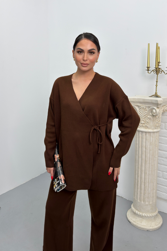 Kadın İkili Alt Üst Takım Triko Yandan Bağcıklı Kruvaze Hırka Bol Paça Pantolon Örme Takım