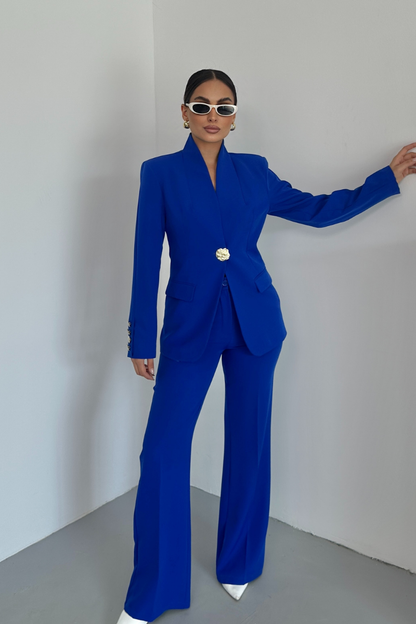 Kadın İkili Takım Şık Düğme Detaylı Dik Yaka Blazer Ceket Bol Paça Pantolon Takım