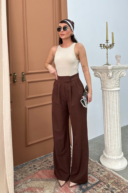 Kadın Palazzo Pantolon Beli Cırtlı Çift Cepli Bol Paça Pantolon