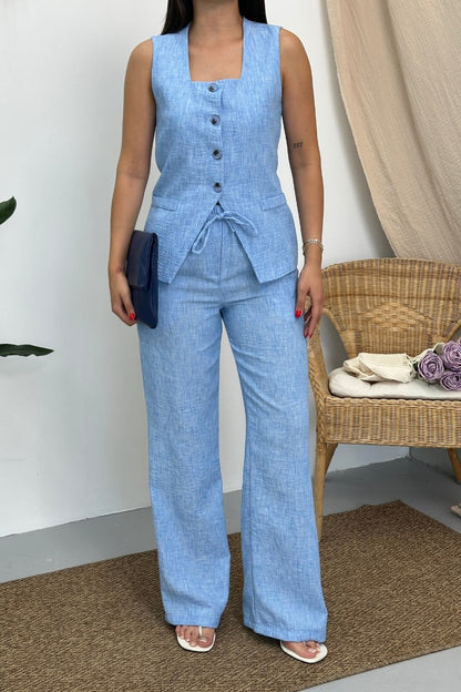 Kadın İkili Alt Üst Takım Keten Düğmeli Kare Yaka Beli Bağcıklı Regular Yelek Bol Pantolon Takım
