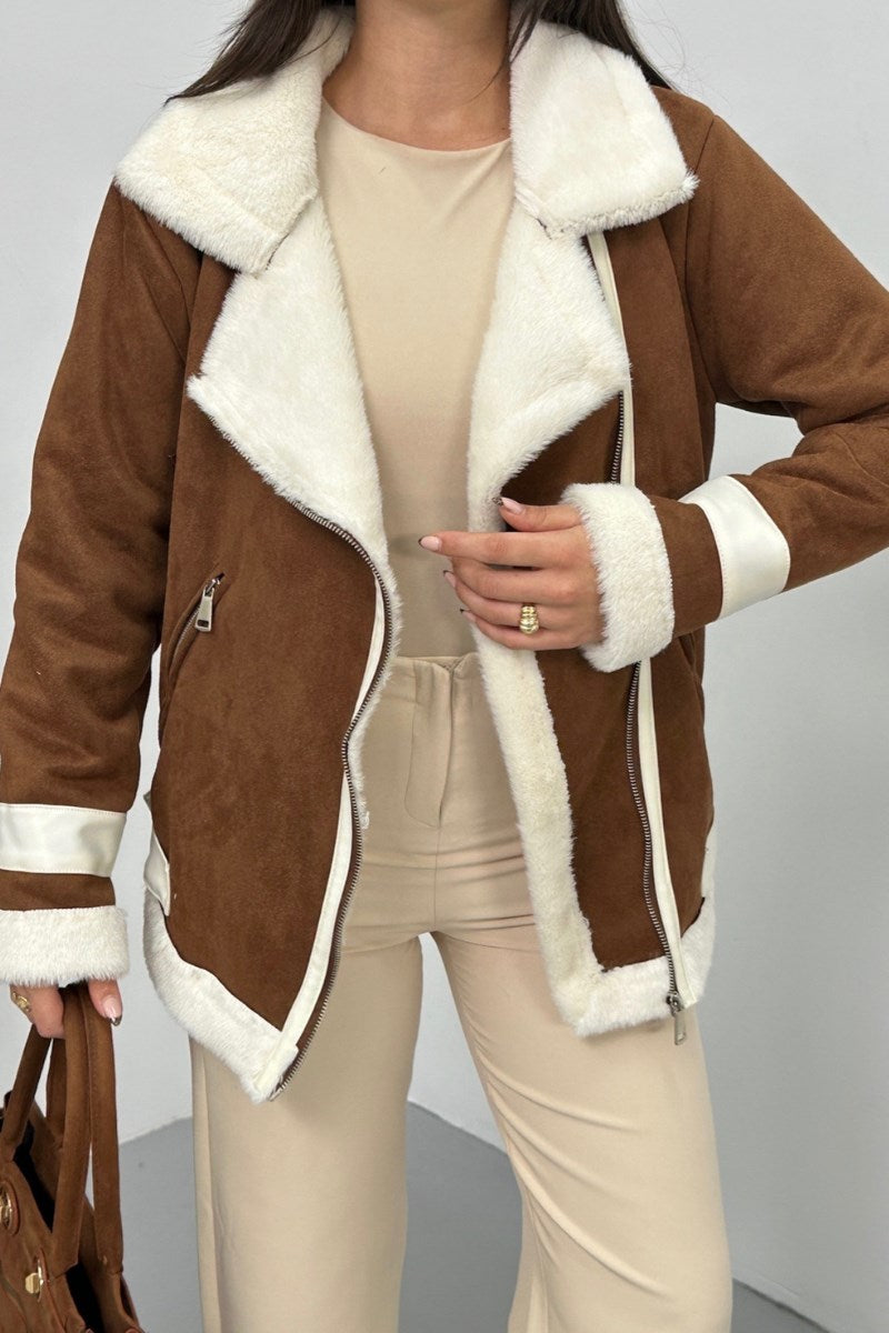 Kadın Süet Mont Oversize İçi Kürklü Fermuarlı Cepli Kol Detaylı Ceket Yaka Kışlık Kaban