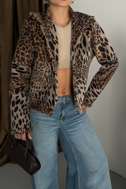Kadın Ceket Kısa Leopar Desenli Fox Kumaş Ceket Yaka Düğmeli Kürk Mont