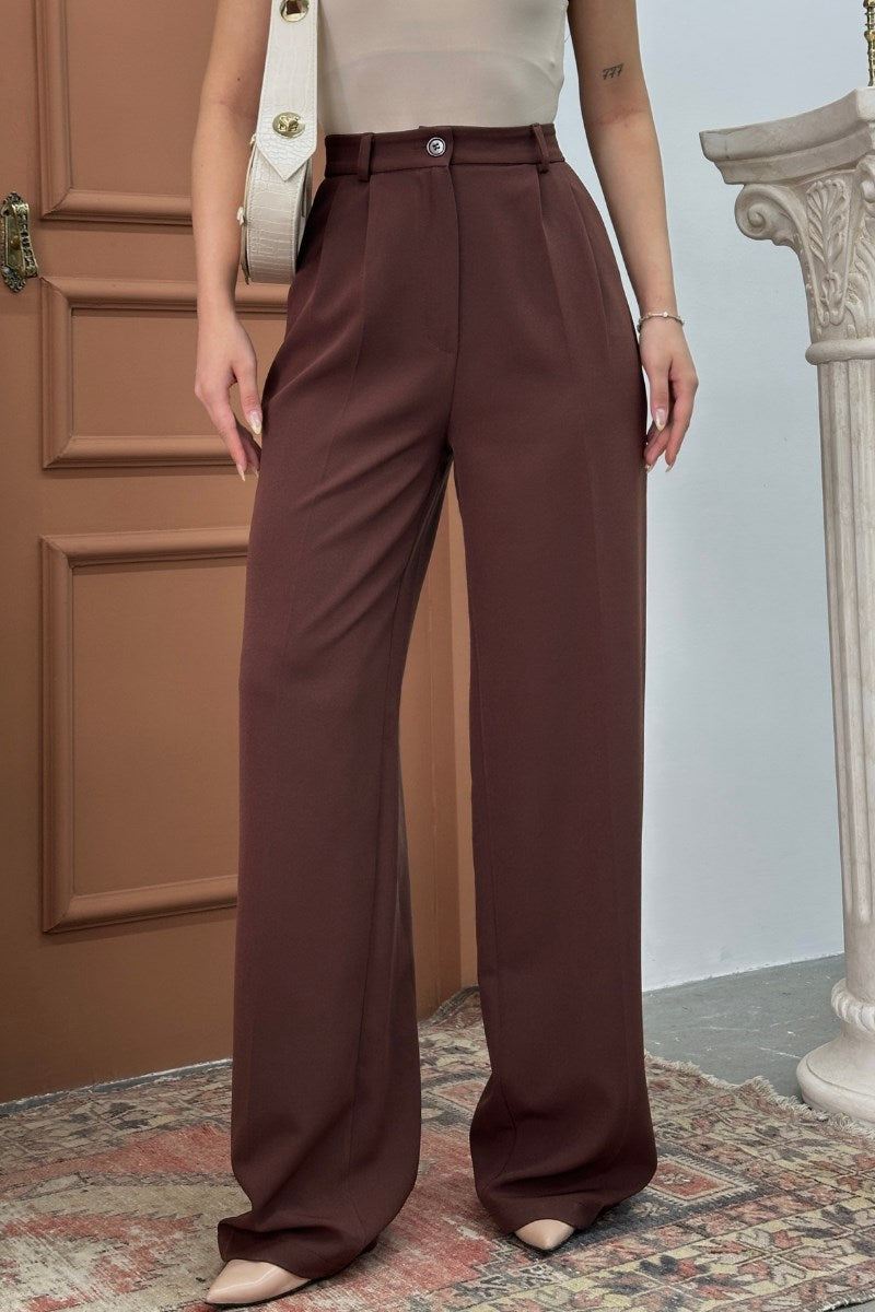 Kadın Palazzo Pantolon Düğmeli Çift Cepli Bol Paça Pantolon