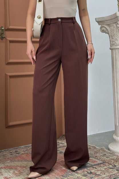 Kadın Palazzo Pantolon Düğmeli Çift Cepli Bol Paça Pantolon