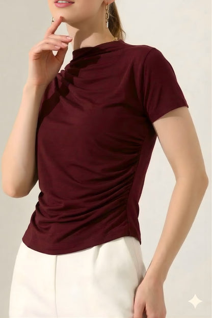 Kadın T-Shirt Kısa Kollu Drape Detaylı Yaka ve Beli Büzgülü Sandy Kumaş Likralı Bluz