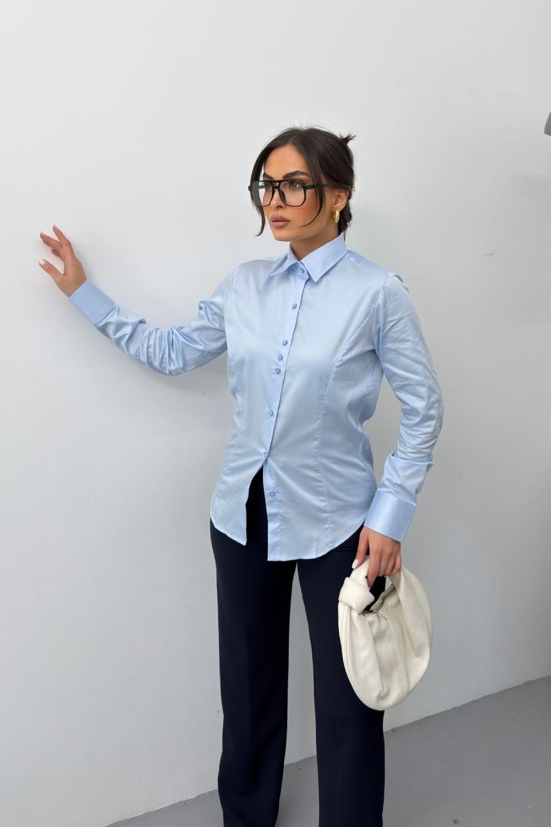 Kadın Gömlek %100 Pamuk Premium Saten Dokuma Uzun Kollu Düğmeli Kuplu Slim Fit Gömlek