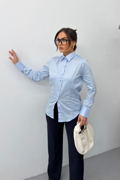 Kadın Gömlek %100 Pamuk Premium Saten Dokuma Uzun Kollu Düğmeli Kuplu Slim Fit Gömlek