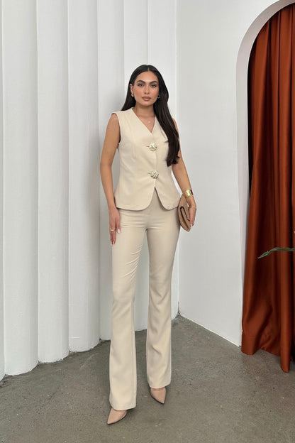Kadın Alt Üst Takım Şık Düğme Detaylı Yelek Pantolon İkili Takım BEJ