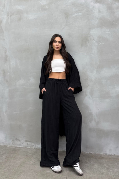 Kadın Yırtmaçlı Gofre Ikili Kimono Takım BEJ L