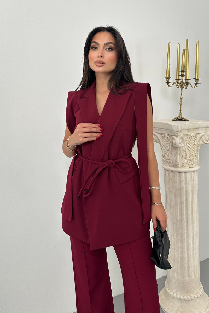Kadın Alt Üst İkili Takım Omuz Detaylı Kuşaklı Yelek Pantolon Takım