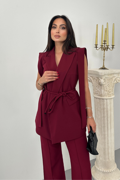 Kadın Alt Üst İkili Takım Omuz Detaylı Kuşaklı Yelek Pantolon Takım