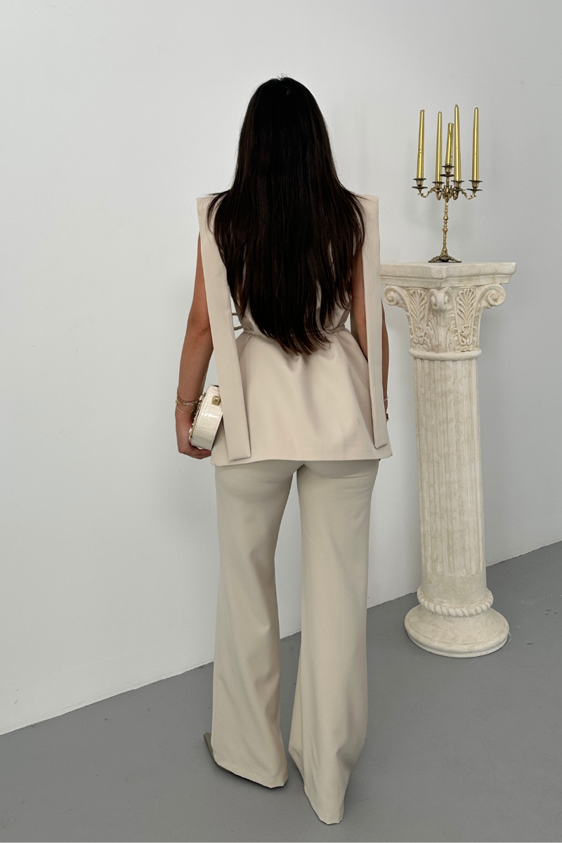 Kadın Alt Üst İkili Takım Omuz Detaylı Kuşaklı Yelek Pantolon Takım