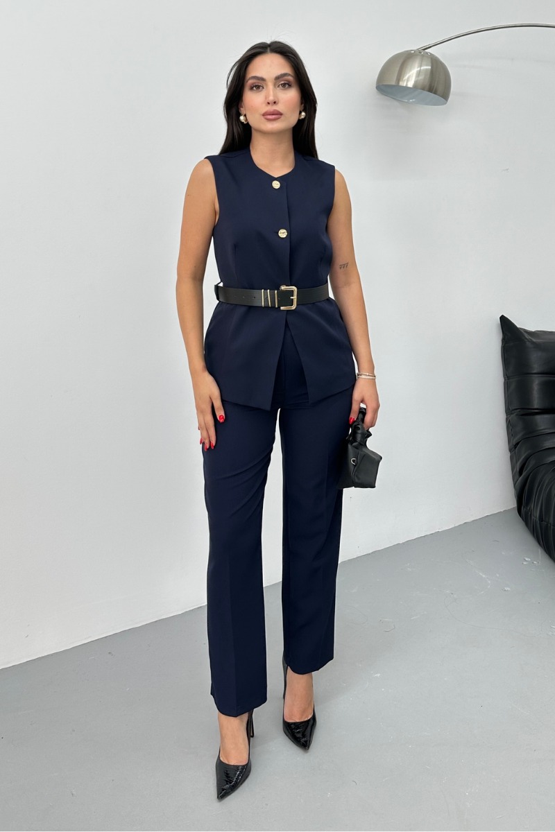 Kadın İkili Alt Üst Takım Şık Kemerli Düğme Detaylı Bisiklet Yaka Regular Yelek Pantolon Takım