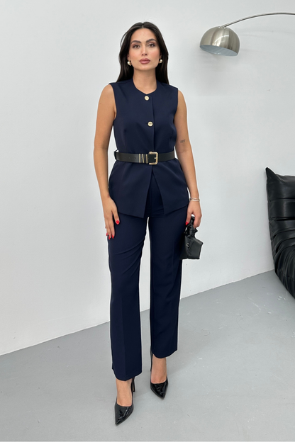 Kadın İkili Alt Üst Takım Şık Kemerli Düğme Detaylı Bisiklet Yaka Regular Yelek Pantolon Takım