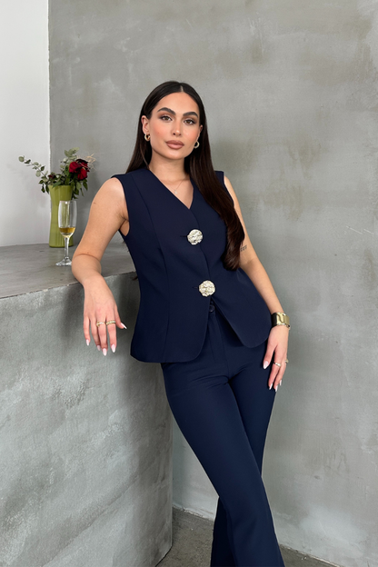 Kadın Alt Üst Takım Şık Düğme Detaylı Yelek Pantolon İkili Takım
