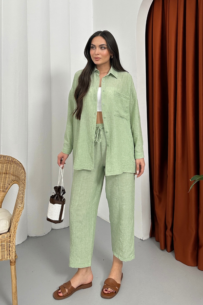 Kadın Alt Üst Takım Yazlık Keten Cep Detaylı Pantolon Gömlek İkili Takım
