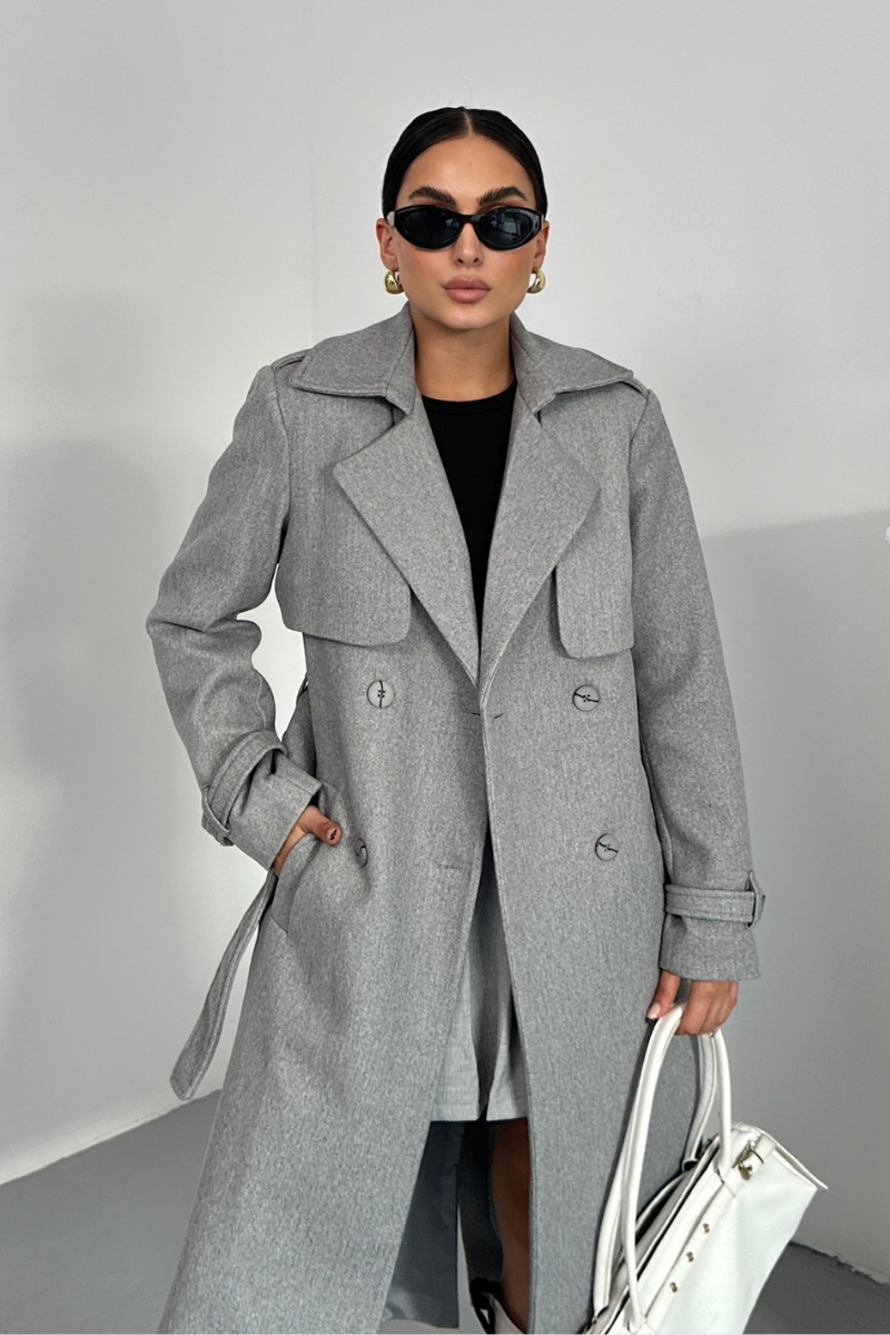 Kadın Kaban Uzun Kaşe  Kuşaklı Düğmeli Cepli Kruvaze Premium Kaban