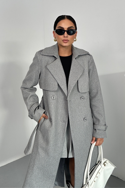 Kadın Kaban Uzun Kaşe  Kuşaklı Düğmeli Cepli Kruvaze Premium Kaban