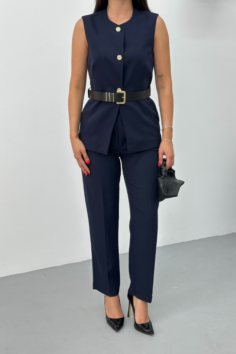 Kadın İkili Alt Üst Takım Şık Kemerli Düğme Detaylı Bisiklet Yaka Regular Yelek Pantolon Takım