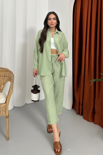 Kadın Alt Üst Takım Yazlık Keten Cep Detaylı Pantolon Gömlek İkili Takım