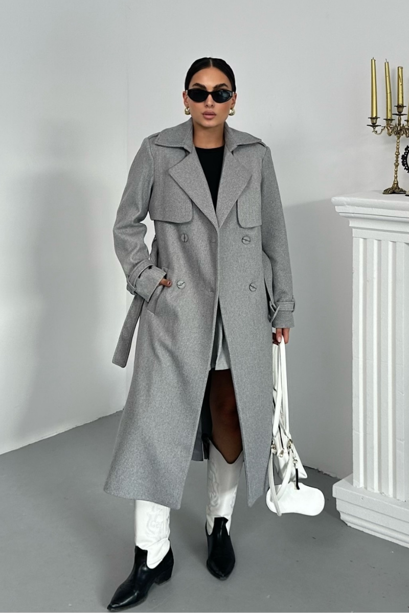 Kadın Kaban Uzun Kaşe  Kuşaklı Düğmeli Cepli Kruvaze Premium Kaban