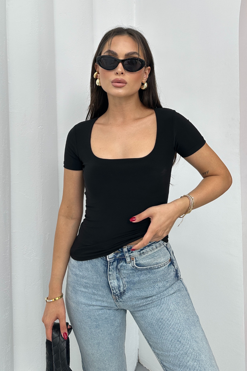 Kadın Kısa Kollu T-Shirt Kare Yaka Çift Kat Sandy Kumaş Crop T-Shirt