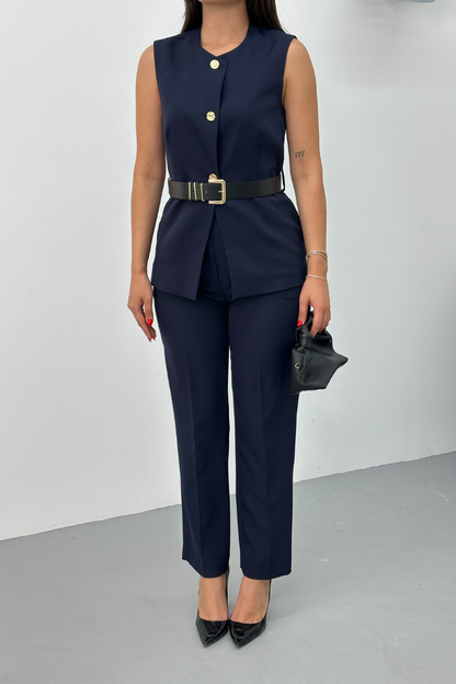 Kadın İkili Alt Üst Takım Şık Kemerli Düğme Detaylı Bisiklet Yaka Regular Yelek Pantolon Takım