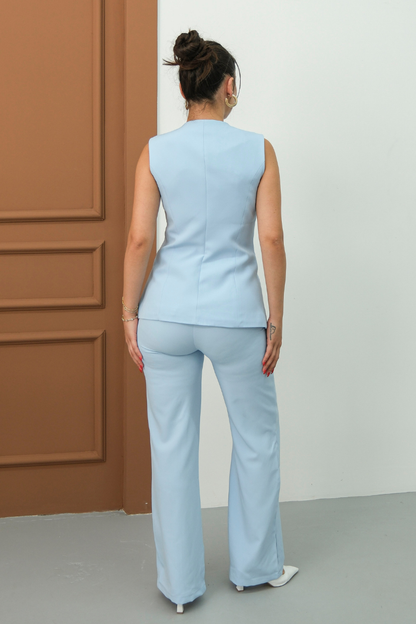 Kadın İkili Alt Üst Takım Şık Düğme Detaylı Bisiklet Yaka Regular Yelek Pantolon Takım