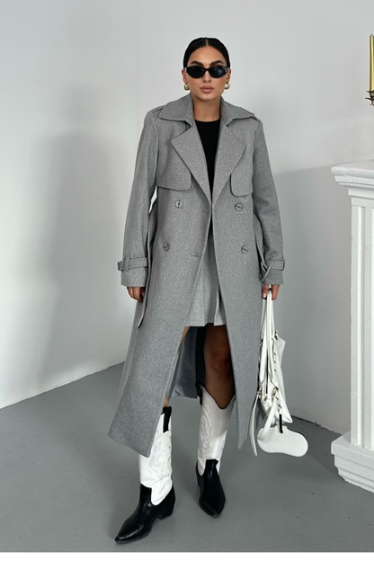 Kadın Kaban Uzun Kaşe  Kuşaklı Düğmeli Cepli Kruvaze Premium Kaban