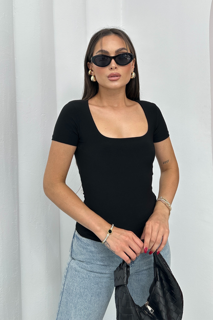 Kadın Kısa Kollu T-Shirt Kare Yaka Çift Kat Sandy Kumaş Crop T-Shirt