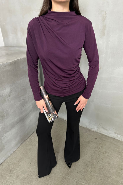 Kadın Bluz Drapeli Uzun Kollu Sandy Kumaş Yüksek Yakalı Likralı Bluz