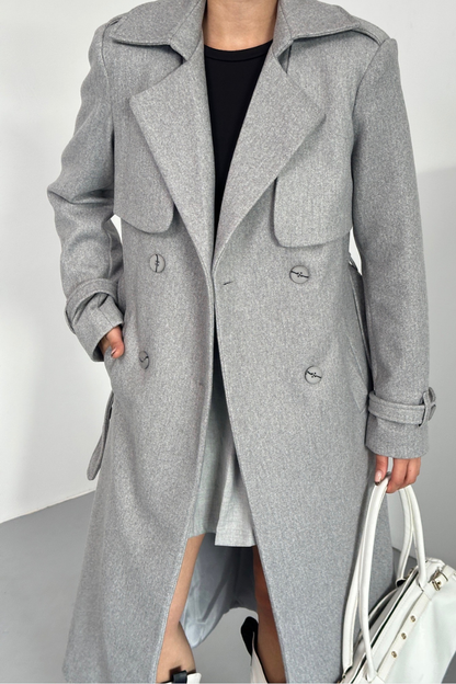 Kadın Kaban Uzun Kaşe  Kuşaklı Düğmeli Cepli Kruvaze Premium Kaban