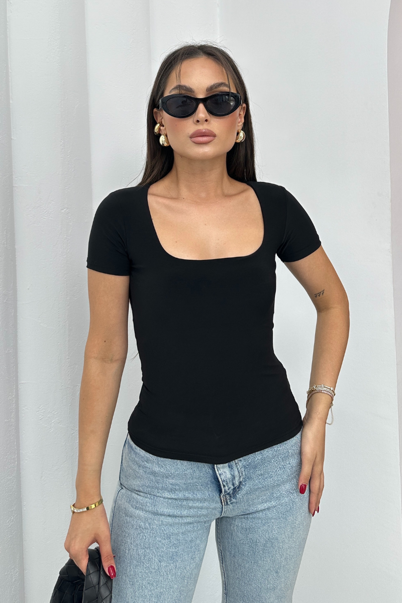 Kadın Kısa Kollu T-Shirt Kare Yaka Çift Kat Sandy Kumaş Crop T-Shirt