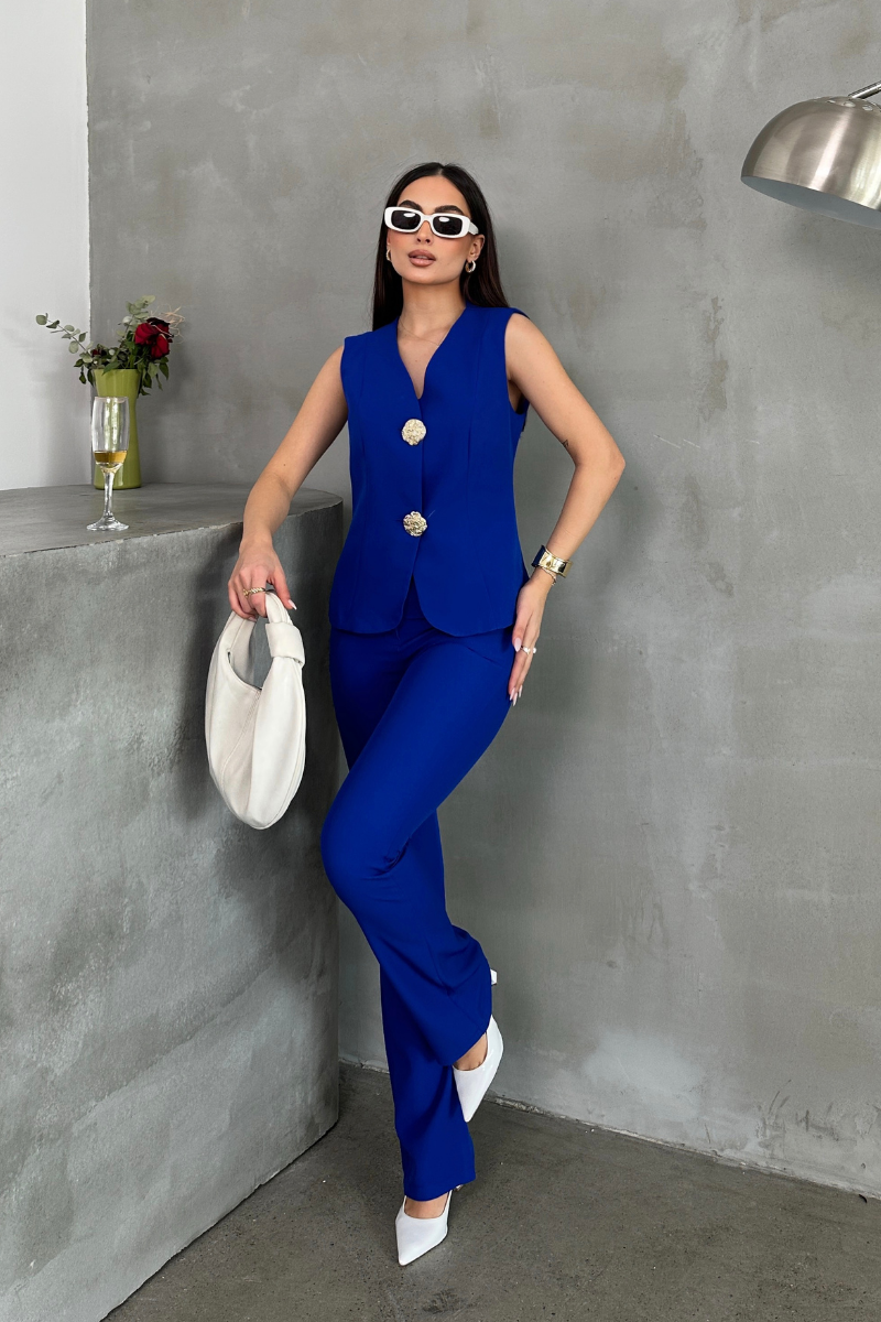 Kadın Alt Üst Takım Şık Düğme Detaylı Yelek Pantolon İkili Takım