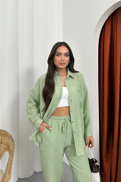 Kadın Alt Üst Takım Yazlık Keten Cep Detaylı Pantolon Gömlek İkili Takım