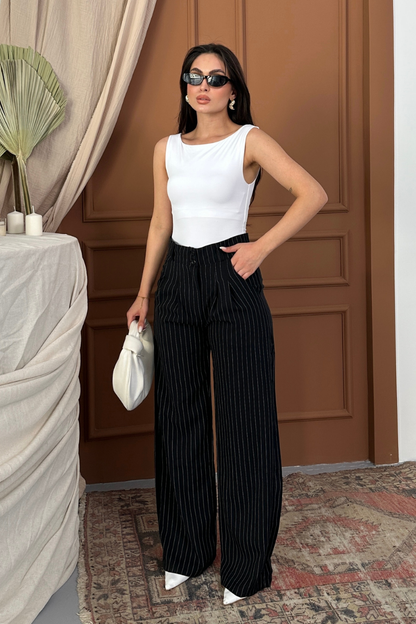 Kadın Pantolon Palazzo Çizgili Çift Düğme Detaylı Wide Leg Pantolon